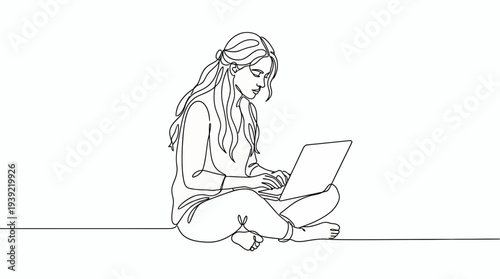 Continuous line drawing of a professional female copywriter sitting cross-legged and working on her laptop, concept for remote work, digital marketing and creative freelance career