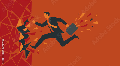 Professional business manager breaking through a red geometric wall with a briefcase on orange background, concept for career breakthrough, market disruption and overcoming obstacles