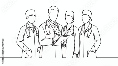 Continuous line art of professional medical team with senior doctor writing on clipboard and three nurses, concept for healthcare marketing, hospital brochure and medical insurance flyer
