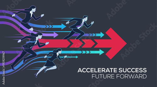 Group of business executives and corporate leaders running on fast colorful arrows toward a giant red arrow, concept for strategic growth, career achievement and leadership competition