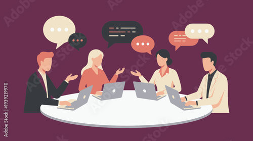 Four business professionals in a meeting discussing ideas with laptops and speech bubbles, concept for corporate communication, team strategy and digital collaboration