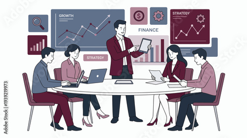 Professional financial director presenting data analysis to team of business executives at round table with charts background, concept for corporate meeting, strategic planning and development