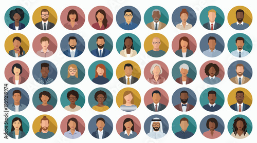 Diverse multicultural professional business avatar icons in flat style circles with long shadows, concept for corporate human resources, team management and professional network profiles