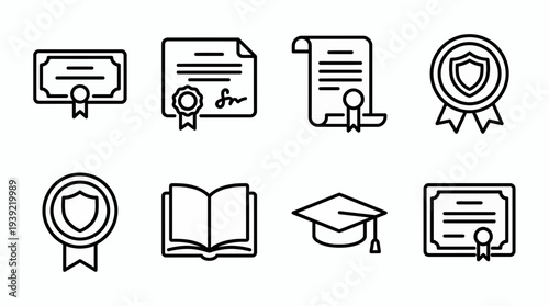 Set of eight black line icons representing diploma certificate degree seal award book and graduation cap, concept for education materials, academic achievement recognition and online course design