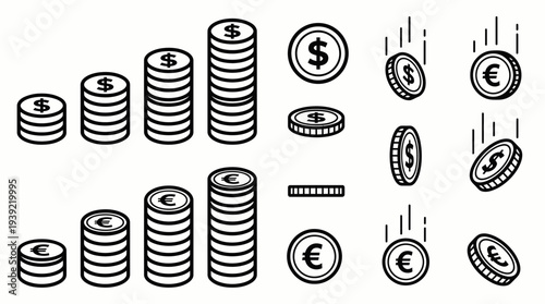 Collection of flat line icons featuring dollar and euro coin stacks and falling money symbols on a white background, concept for financial growth analysis, banking app and investment graphic