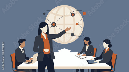 Professional female CEO presenting global market strategy to executive team members in office, concept for international business expansion, corporate leadership training and global collaboration