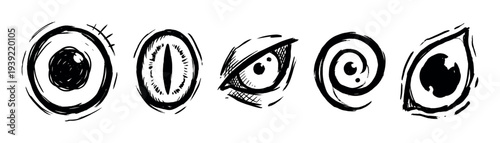 Hand-drawn black ink monster cartoon eyes set with various spooky, evil, and funny expressions in a rough grunge doodle style illustration for creative design elements