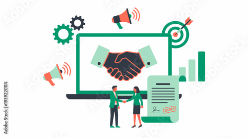 Professional male and female executives shaking hands in front of laptop screen with signed contract and marketing icons, concept for digital partnership, corporate agreement and business growth