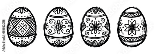 Four hand-drawn decorated Easter eggs with traditional folk art patterns stand in a row in this black and white sketch illustration with floral and geometric motifs