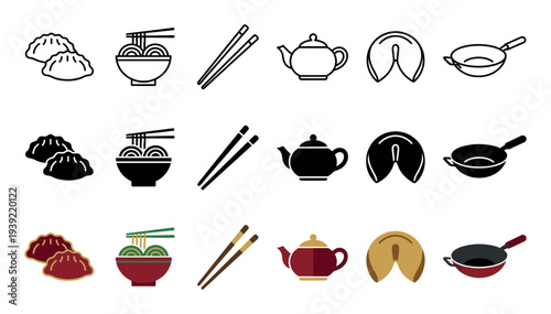 Collection of Asian food icons featuring dumplings, noodles, chopsticks, a teapot, fortune cookie, and wok, illustrated in line art, solid glyph, and flat color styles
