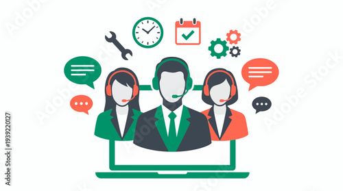 Vector of customer service representatives wearing headsets on a laptop screen with maintenance icons, concept for online help desk, technical support and professional call center services