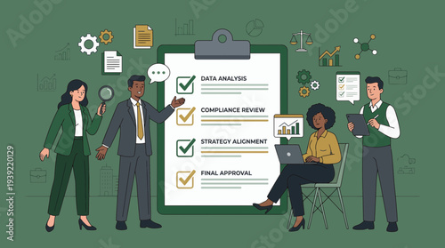 Diverse project manager, compliance officer and data analyst team reviewing checklist with checkmarks on green background, concept for workflow efficiency, audit and quality control