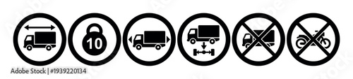 Collection of six black circular traffic sign icons depicting various vehicle restrictions like length, weight, axle load, and prohibition for trucks and motorcycles