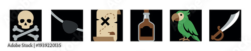 Collection of six pirate themed icons including a skull and crossbones, eyepatch, treasure map, rum bottle, parrot, and cutlass in a flat graphic illustration style