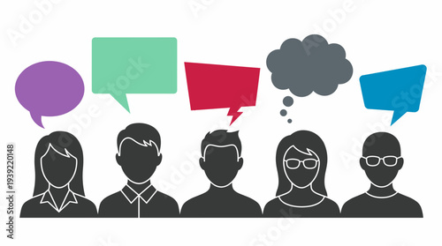 Diverse silhouettes of office employees and senior managers with colorful speech bubbles above their heads, concept for corporate communication, customer feedback and team brainstorming