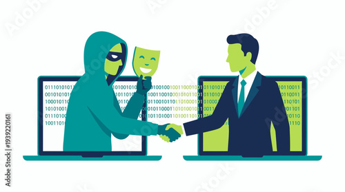 Hacker holding fake smiley mask shaking hands with corporate manager through laptop screen with binary code background, concept for digital identity theft, online fraud and cybersecurity awareness