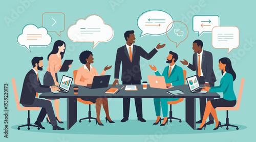 Diverse group of business managers and executives brainstorming around boardroom table with speech bubbles, concept for team collaboration, strategic planning and corporate communication