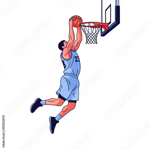 Basketball player performing a powerful slam dunk, capturing athletic action and sport.