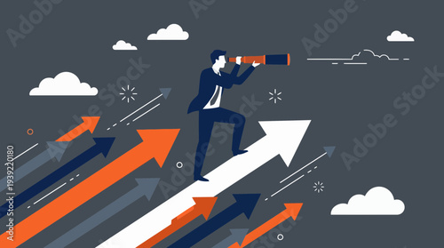 Professional CEO standing on a large rising arrow looking through a telescope at the sky with clouds, concept for business growth strategy, market trend forecasting and corporate leadership vision