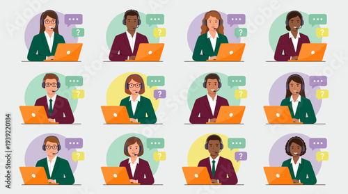 Diverse customer service representative avatars wearing headsets and using laptops with speech bubble icons, concept for call center support, technical assistance and online help desk