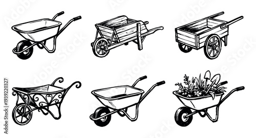Collection of six hand-drawn wheelbarrows in various styles, including wooden carts and a decorative barrow, rendered in a black and white ink sketch illustration style