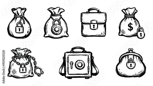 Hand-drawn money security icons set with bags, a safe, a briefcase, and a coin purse featuring various locks, illustrated in a black and white sketch style for financial concepts