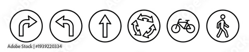 Traffic and navigation line art icon set with turn right, turn left, straight ahead, roundabout, bicycle, and pedestrian symbols in circular frames