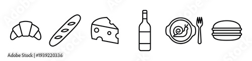 Black line food icons of French cuisine and fast food, including croissant, baguette, cheese, wine, escargot, and a hamburger, presented in a simple, minimalist vector style