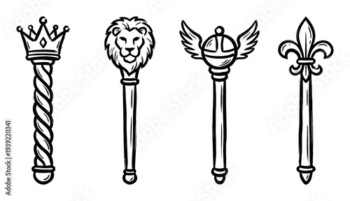 Four royal scepters with crown, lion, winged orb, and fleur-de-lis toppers in a hand-drawn black and white sketch style illustration for fantasy or historical themes