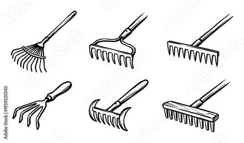 Collection of six hand-drawn gardening rakes and tools in a simple black and white sketch style, showing various types for yard work, farming, and landscaping