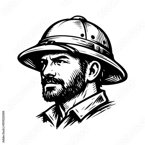 Logo explorador. Icono con cabeza de hombre con sombrero de safari visto de perfil 