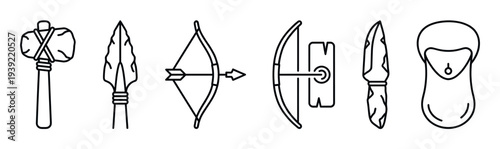 Prehistoric Stone Age weapon and tool icons featuring a hammer, arrowhead, bow, crossbow, dagger, and bag, illustrated in a clean and minimalist black outline style