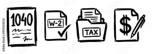 Hand-drawn black and white tax icons featuring 1040 and W-2 forms, a documents folder, and a financial paper with a dollar sign in a simple sketchy brushstroke style