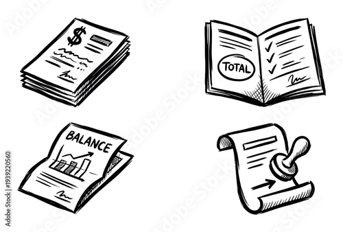 Four black and white financial doodle icons representing bills, accounting totals, balance reports, and document approval, illustrated in a simple hand-drawn sketch art style