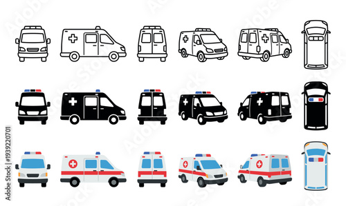 Ambulance car vector icon set collection shows various vehicles from different angles like front, side, top, and rear views in flat, outline, and silhouette styles for medical transport