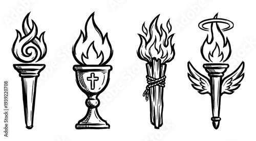 Set of four hand-drawn torch icons with flames, including a religious chalice, a winged torch with a halo, and a bundle of sticks in a black and white sketch style