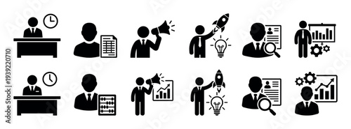 Collection of black business management icons showing concepts like startup, marketing, analysis, and time management in a minimalist glyph style for corporate presentations