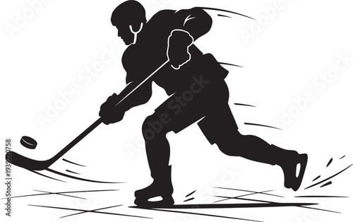 Flat black vector silhouette of a male ice hockey player in a dynamic skating pose, striking a puck with high-speed motion lines. Ideal for winter sports branding and club logos.