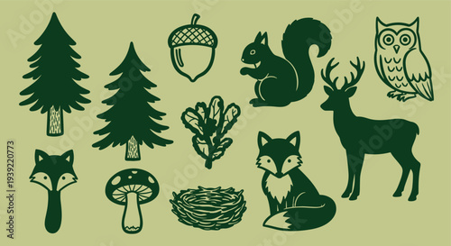 Charming forest creatures and natural elements depicted in a delightful flat design style on a muted green background