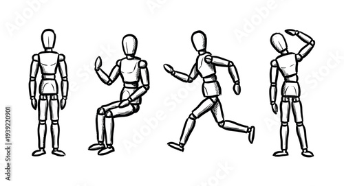Four wooden artist mannequins in various poses including standing, sitting, running, and stretching, depicted in a simple black and white hand-drawn sketch illustration style