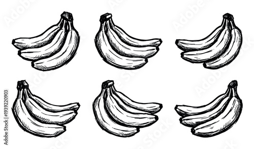 Six hand-drawn black ink banana bunches in a sketchy artistic style showing a collection of healthy tropical fruit illustrations with rough line work and hatching