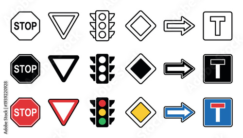 Collection of common road traffic signs including stop, yield, and traffic lights shown in three distinct styles: outline, solid black glyph, and full color vector illustration