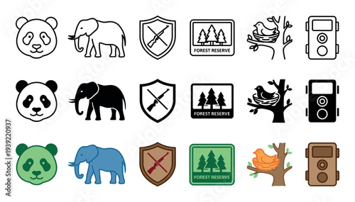 Set of wildlife conservation vector icons featuring a panda, elephant, anti-poaching symbol, forest reserve sign, bird nest, and camera trap, presented in line, solid, and color styles