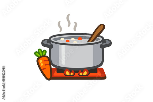 A vector illustration shows a silver pot of soup with a wooden spoon cooking over a fire. A fresh carrot sits beside the pot on a stove base against a black background.