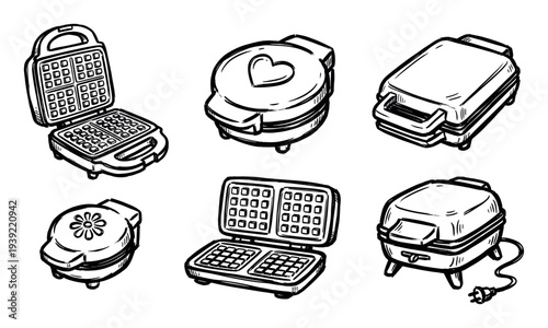 Collection of six hand-drawn waffle makers in a black and white sketch style, featuring various designs like heart and flower shapes, open and closed kitchen appliances
