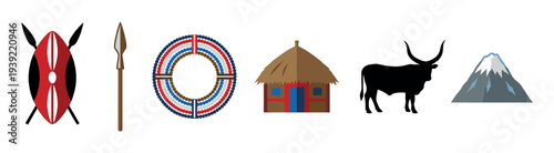 Collection of flat vector icons representing traditional African culture with a shield, spear, beaded collar, thatched hut, cattle, and a snowy mountain peak
