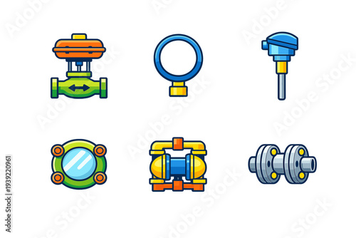 A collection of six colorful industrial equipment icons including a valve, a gauge, a sensor, a porthole, a pump, and a pipe flange, all presented in a stylized cartoon design on black.