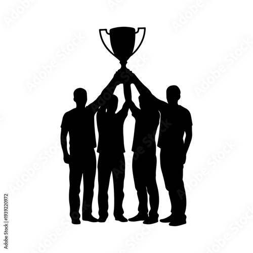 Silhouette of a Team Celebrating a Victory with a Trophy.