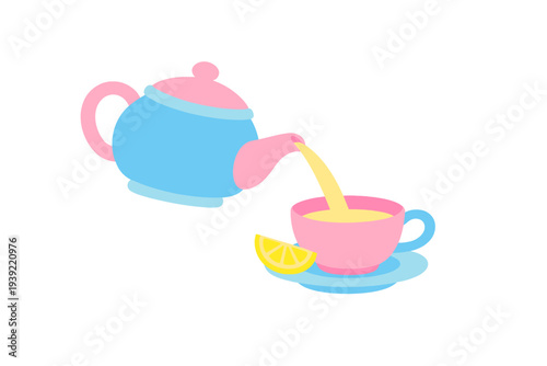 A blue and pink teapot pours yellow tea into a matching pink teacup on a blue saucer. A small lemon slice sits beside the cup in this simple flat illustration on a black background.