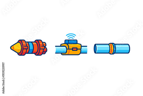 Three colorful cartoon icons depicting pipeline maintenance tools including an inspection pig, a wireless sensor on a pipe, and a repaired pipe section on a black background.